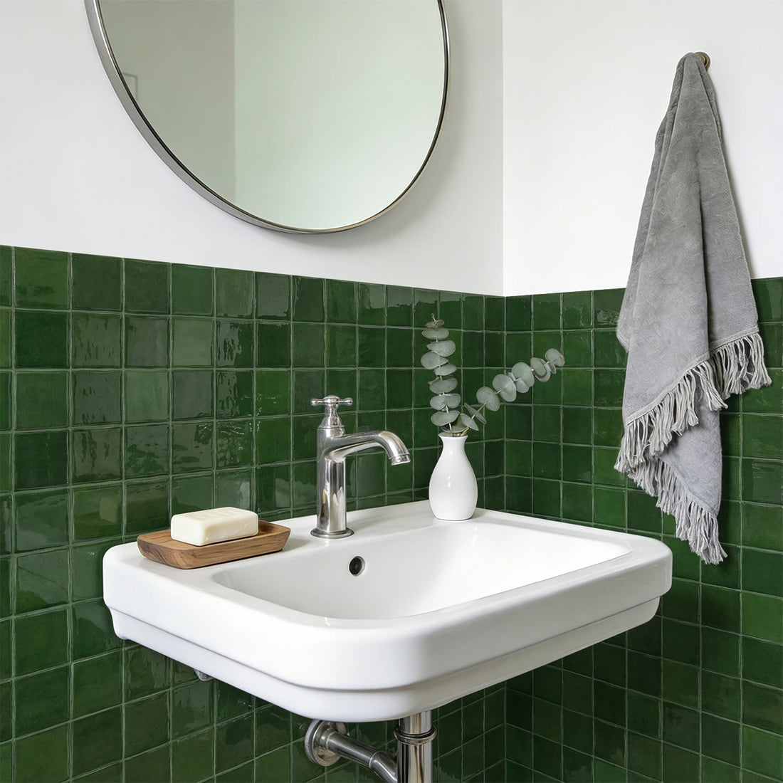 Dark Green Wall Tile Stickers Self-Adhesive PET+PU Waterproof Peel and Stick Backsplash for Kitchen Bathroom Home Decoration