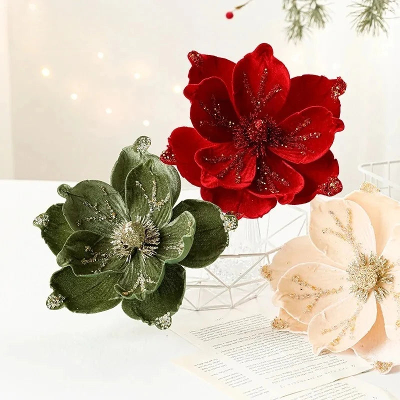24CM Christmas Tree Decoration Flower Sticky Powderly White Magnolia Light Deluxe Cloth Christmas Party Decoration Supplies