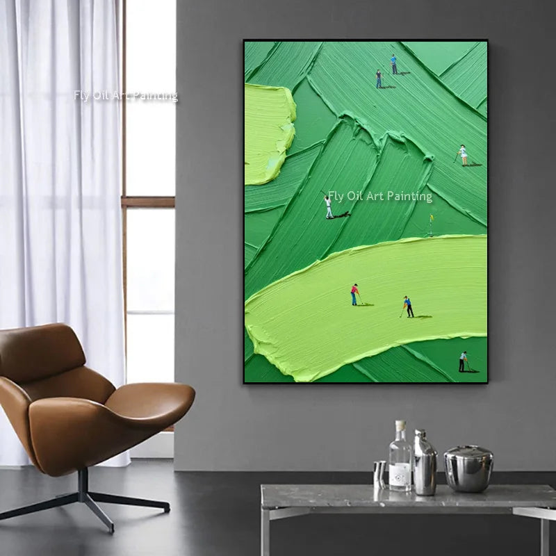 Green Golf Course People Playing Golf Texture Thick Canvas Oil Painting Handpainted Blue White Abstract Wall Art Decor For Room