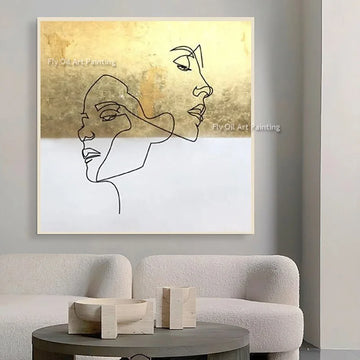 Handmade Golden Yellow And White Abstract Canvas Oil Painting New Design Black Lines People Face Wall Art Decor For Room