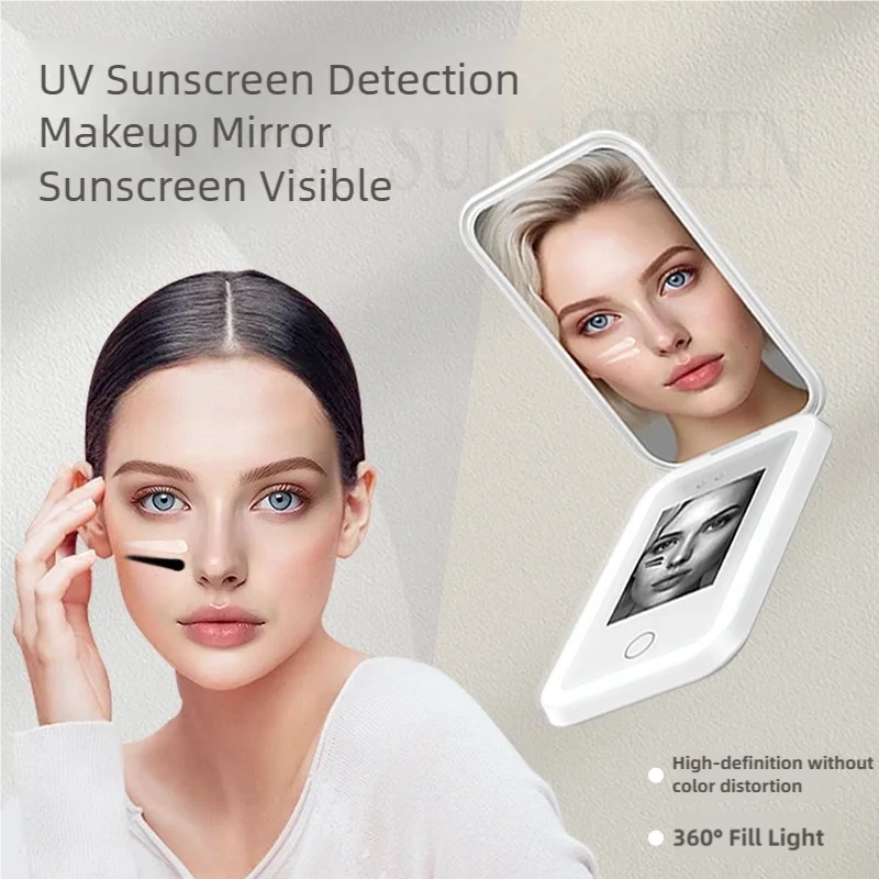 UV Smart Sunscreen Test Makeup Mirror with HD Camera with Refill Light 2X Magnifying Travel Makeup Mirror for Sunscreen Testing