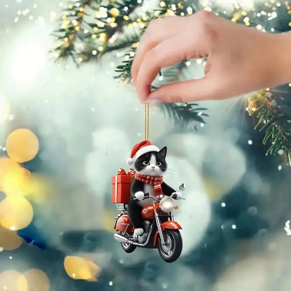 Motorcycle Cat Acrylic Hanging Decoration Christmas Tree Car 2D Flat Riding Kitten Hanging Ornament Cartoon Pendant For Christma