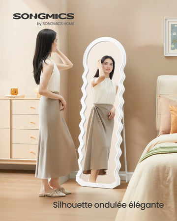 SONGMICS Full Length Mirror, 160 x 50 cm, Irregular Wavy Full Length Standing Mirror with Stand, MDF Frame, for Bedroom