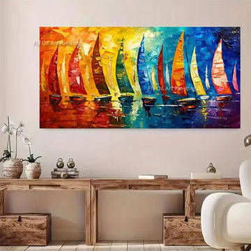 Large Home Wall Decor Items Blue Red Yellow Boats Fleet Canvas Artwork Handmade New Fashional Blue Seascape Boats Oil Painting