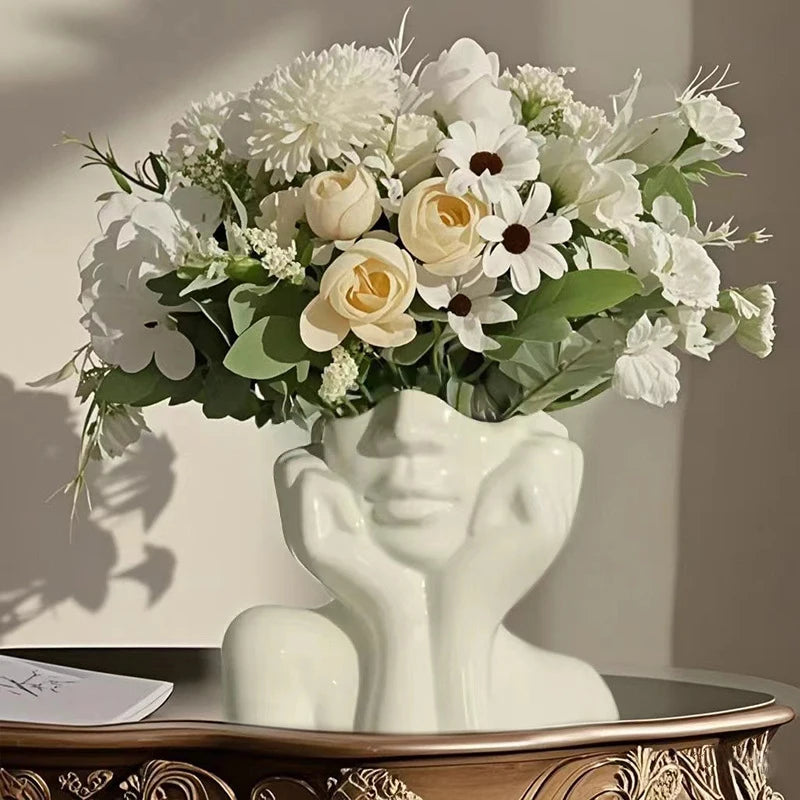 Ins Nordic Style Vinyl Vase Thinking Girl Shaping Art Flower Planter Personalized And Creative Decor Handicrafts Ornament