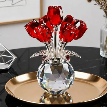 Crystal Rose Flower with Vase Artificial Rose Bouquet Ornament Romantic Gift for Valentine's Day Wedding Anniversary Table Decor
