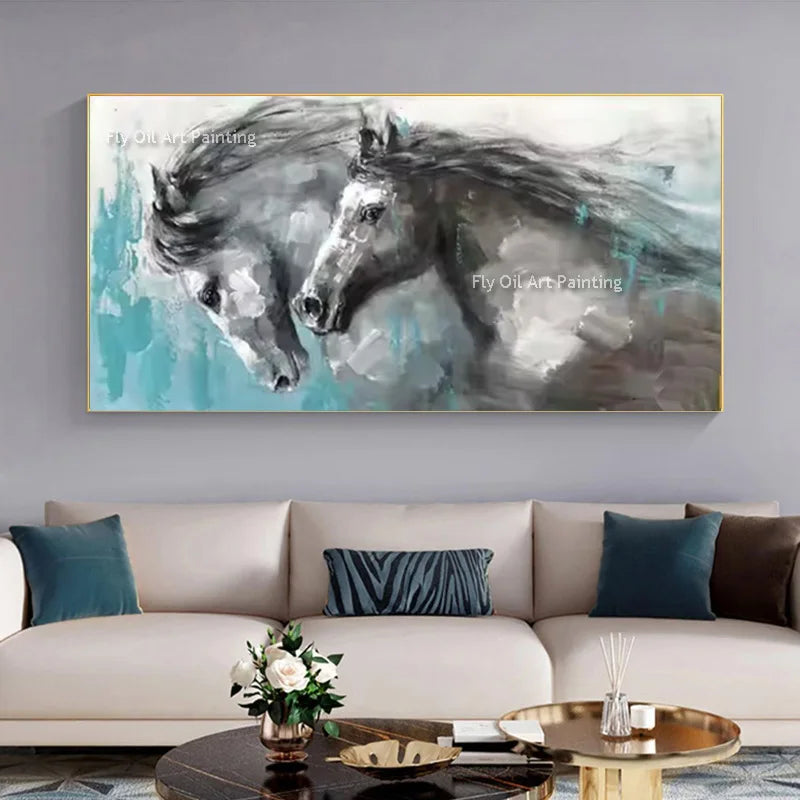 Blue Grey Horses Wall Art Handmade Modern Red Horses Running Thick Oil Painting On Canvas New Animal Design Artwork For Decor