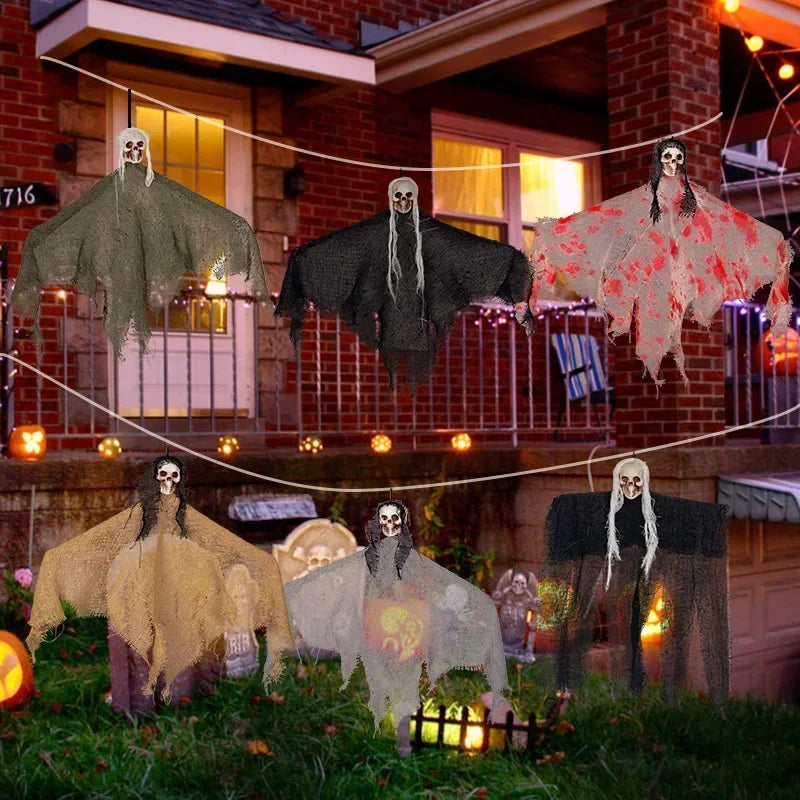Halloween Horror Decoration Hanging Ghost Skull Props with Flag for Haunted House Outdoor Yard Party Holiday Scene Setup Use