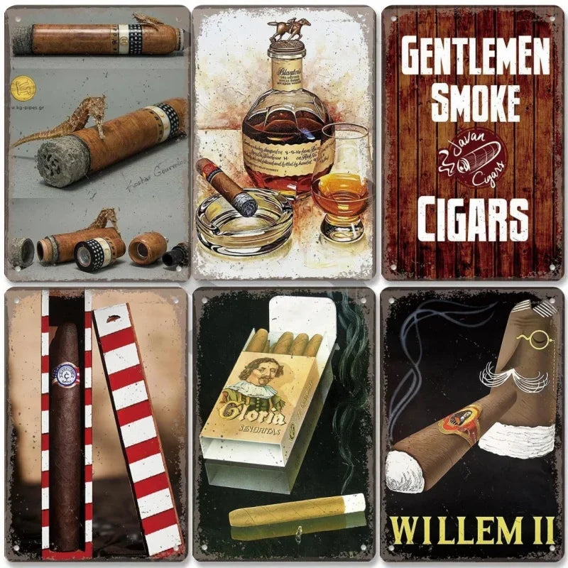 Metal Tin Poster Cigar Plaque Retro Metal Plate Gentleman Smoke Cigar Whisky Vintage Metal Tin Sign Bar Club Man Cave Wall Decor