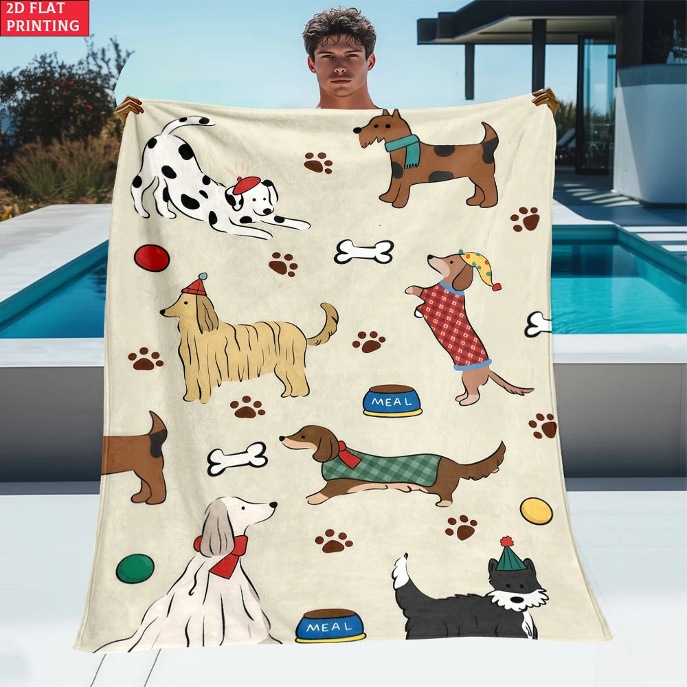 Cute Cartoon Dog Print Flannel Blanket, Soft Dachshund Dalmatian Throw Blanket, Cozy Gift for Dog Lovers, Kids Bedroom Decor