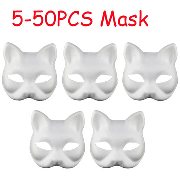 5/10/20/30/50PC White Halloween Paper Mache Masks Unpainted Therian Mask Cats Hand Painted Blank Paper Masks Cat Masks Fox Masks