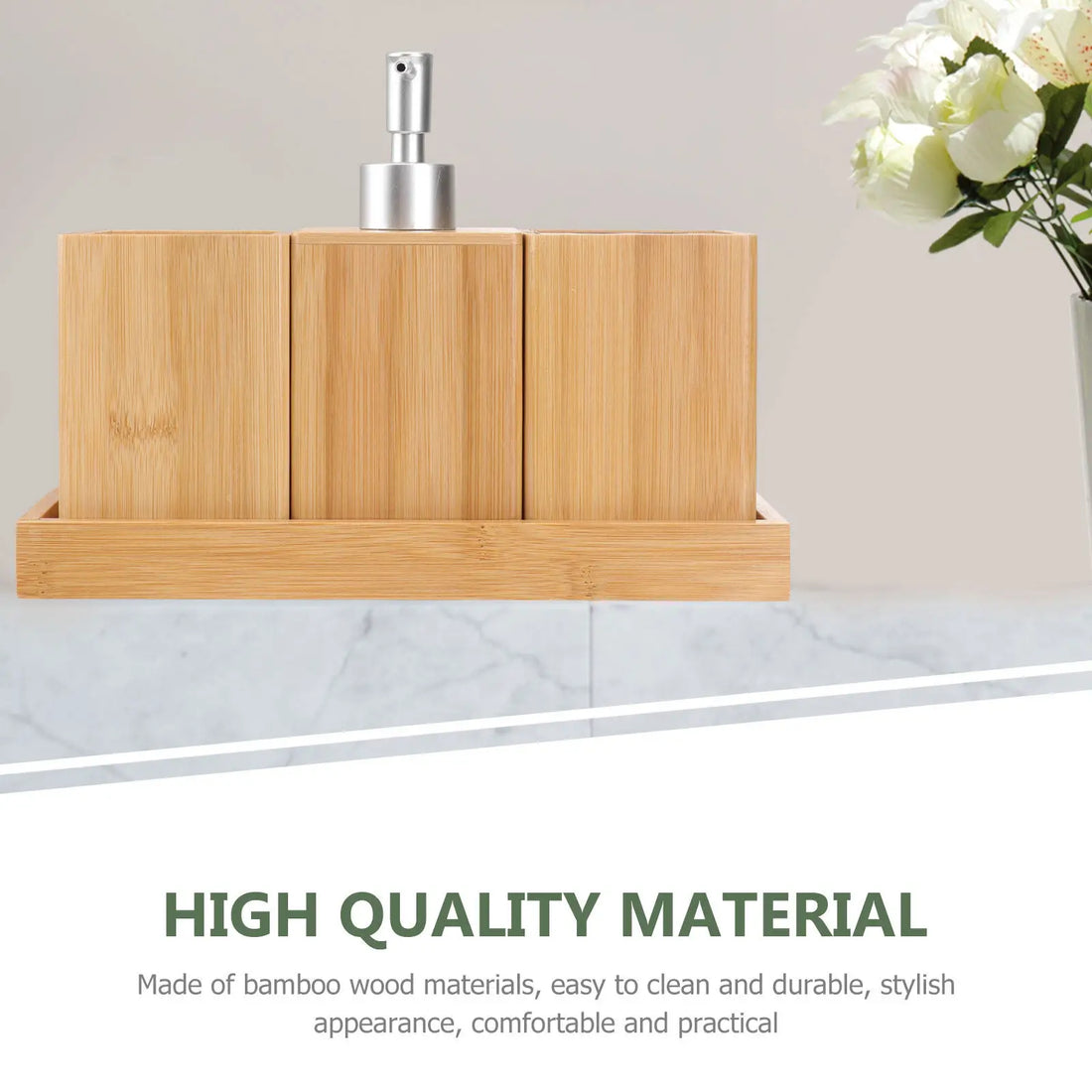 4Pcs Bamboo Bathroom Accessory Set Stylish Wood and Ceramic Wash Cup Holder for Tidy Bathroom Counter Organization Essentials