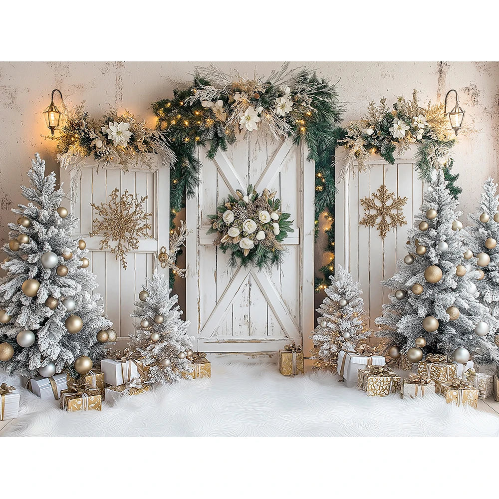 Christmas Winter Wooden Door Background Children Adult Photography Baby Props Christmas Wreath Snow Farm Decoration Background