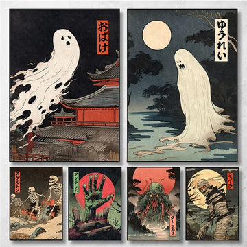 Creepy Japanese Ukiyo-e Print Spooky Ghost Yurei Obake Poster Skeletons Zombie Mummy Halloween Art Canvas Painting Home Decor