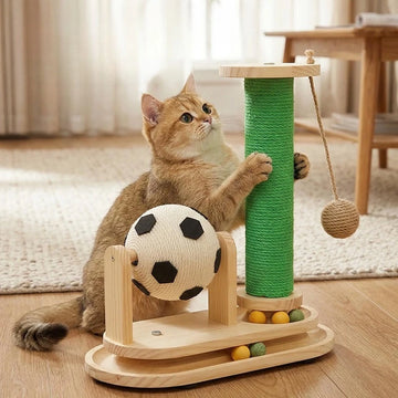 Space-Saving Cats Scratching Post with Soccer Ball Toy Sisal Cats Scratcher Small Space Interactive Anti-Anxiety Indoor Cats Toy