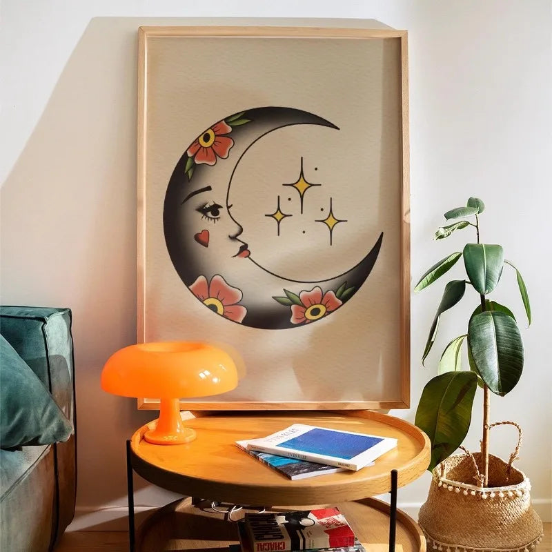 Whimsical Ladybird Traditional Tattoo Art Print Valentine Sun Poster for Bedroom Living Room Wall Decor Colorful Dopamine Decor