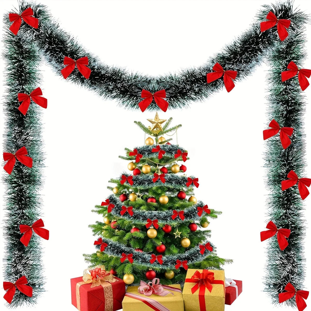1pc Christmas Garland with Red Bow Ties, Dark Green Aluminum Foil Wire, Floral Pattern, Indoor/Outdoor Holiday Tree & Home Decor