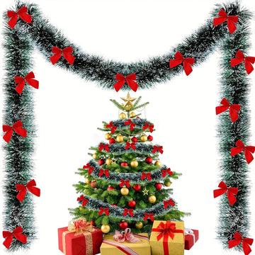 1pc Christmas Garland with Red Bow Ties, Dark Green Aluminum Foil Wire, Floral Pattern, Indoor/Outdoor Holiday Tree & Home Decor