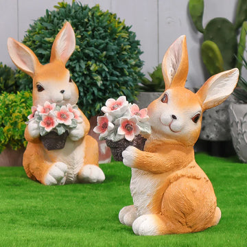 Rabbit Holding Bouquet with Solar-Powered Lamp Landscape Ornament Creative Outdoor Garden Lawn Resin Decorative Sculpture