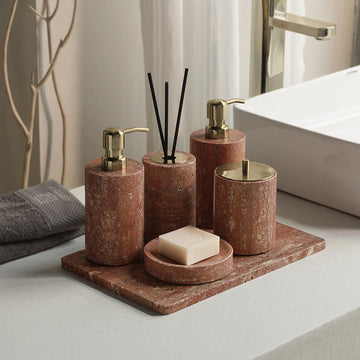 Red Travertine Bathroom Accessories Set Vintage Soap Holder Soap Dispenser Cotton Swab Jar Vanity Tray Bathroom Set