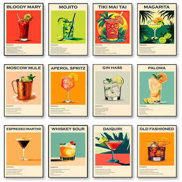 Old Fashioned Cocktail Drinks Negroni Mojito Posters Retro Aperol Spritz Canvas Prints Wall Art Painting Pictures Bar Kitchen