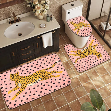 3 pcts pink polled with leopard pattern bathroom floor mat for home decoration carpet with toilet lid cover Products for bathroo