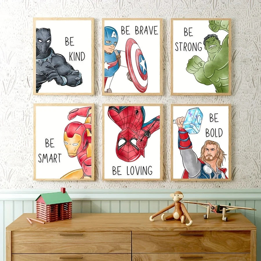 Superhero With Affirmation Quote Art Print Captain America Spider Man Hulk Panther Thor Iron Man Canvas Painting Boys Room Decor