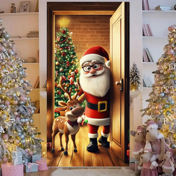 Christmas Door Cover Decoration Santa Claus Elk Open Door Welcome Christmas Background Indoor Outdoor Porch Banner Party