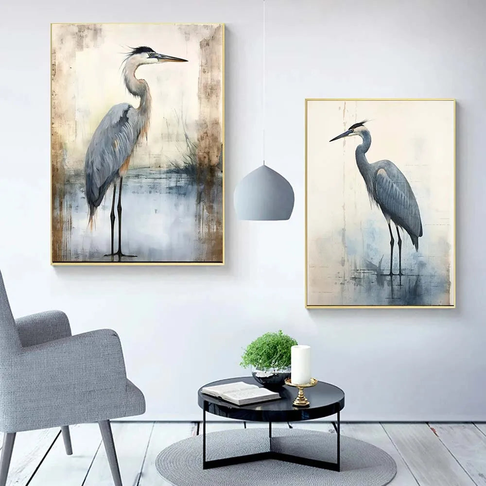 Watercolor Style Retro Blue Heron Minimalist Marsh Bird Art Posters Canvas Painting Wall Prints Pictures Coastal Room Home Decor