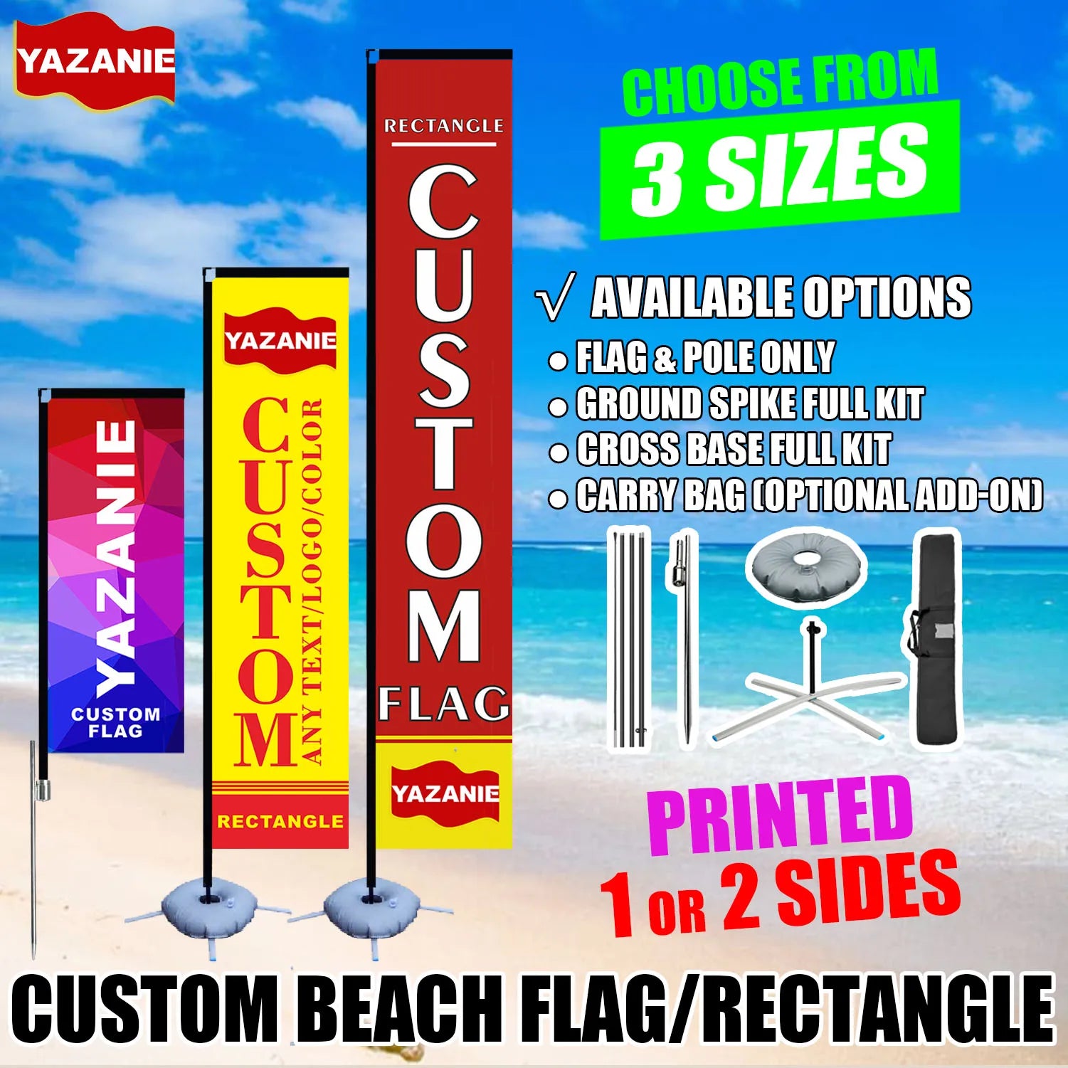 3m/4m Custom Rectangle Beach Flag with Pole Kit Cross Base Ground Spike Carry Bag Single/Double Sided Outdoor Advertising Banner