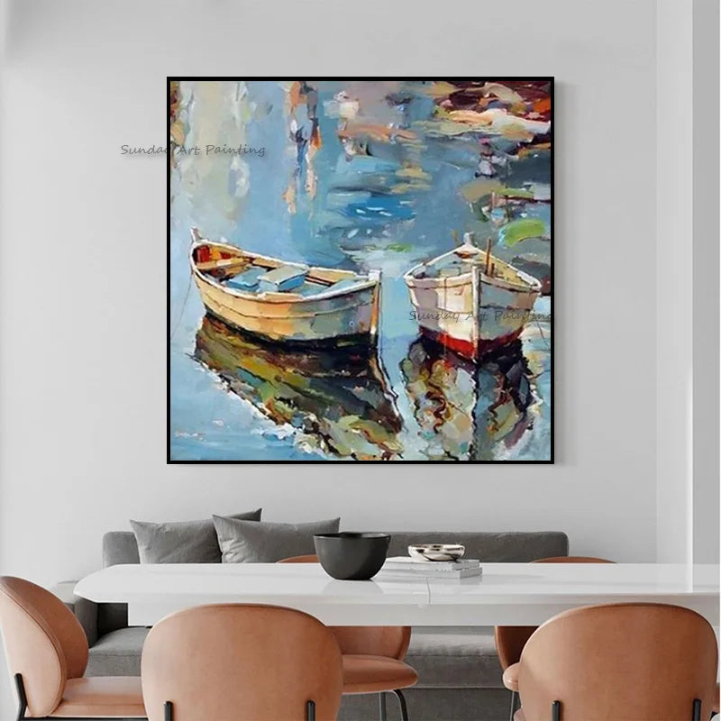 Modern Blue Sea And White Boats On The Sea Scape Oil Painting Handmade Abstract Green And Golden Yellow Canvas Wall Art Decor