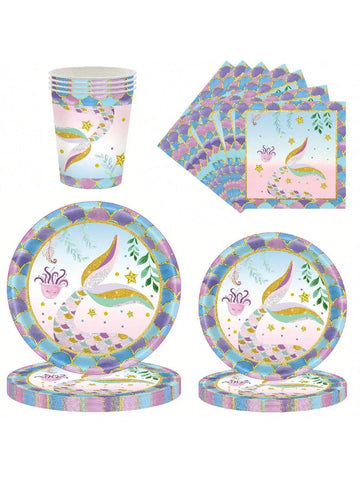 Mermaid Paper Disposable Tableware Set Scale Purple Paper Disposable Plates Cup Napkins Diy Kids Birthday Party Decor
