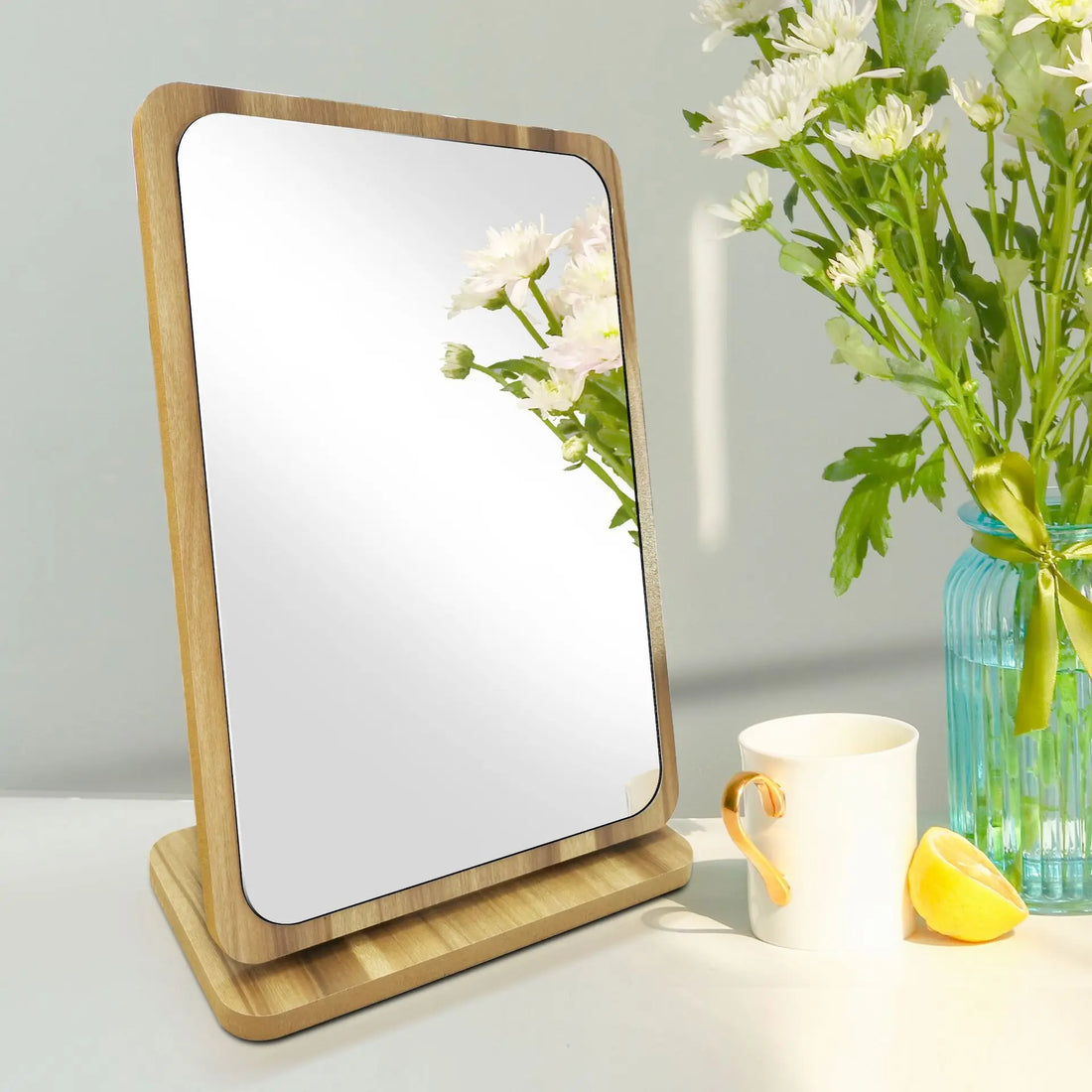 Wooden Desk Mirror Swivel Single-Sided Makeup Table Mirror, Portable Removable Countertop Private Room High-Definition Make Up