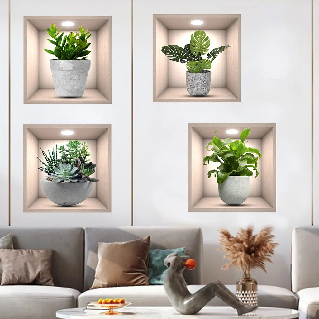 4ps Creative Floral Green Flower Pot Pattern Self-adhesive Wall Stickers Removable Stickers for Home Decoration