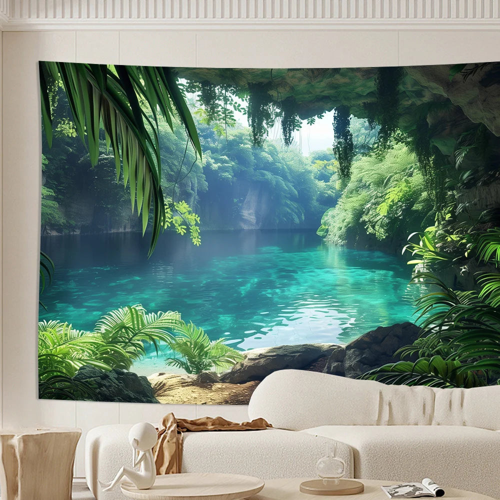 Classic Forest Cave Landscape Tapestry, Living Room Bedroom Office Polyester Wall Hanging Home Party Decoration