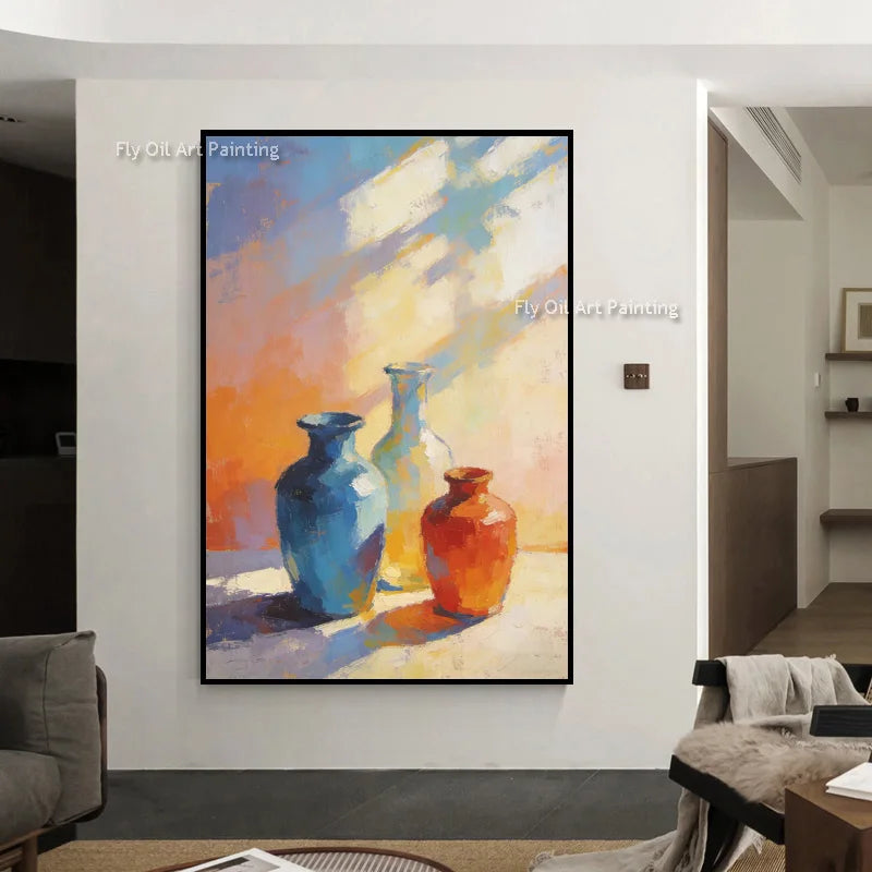 Handmade Orange Yellow Artwork New Popular Blue Flower Vase Wall Art On Canvas Large Light Pink  Oil Painting For Home Decor