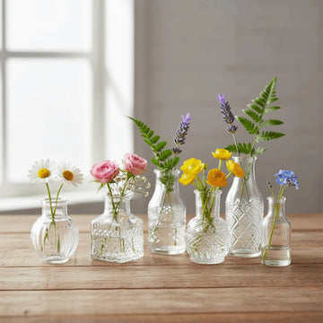 10PCS/SET Retro Relief Mini Glass Vase European Style Decorative Small Vase Set Elegant Crystal Clear Transparent Vase