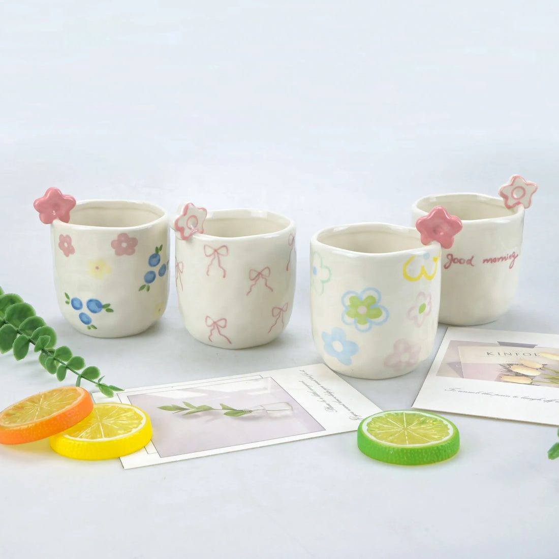 1pcs Cute flower cup, hand-painted bow, watercolor flower, hand squeezed irregular ceramic coffee cup