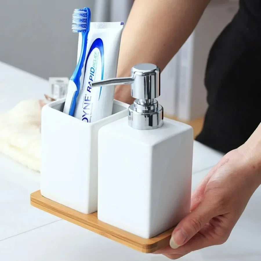 Ceramic Hand Washing Liquid Bottling with Cup Wood Pad Hotel Soap Dispenser Emulsion Bottle Bathroom Accessories with Wood Tray