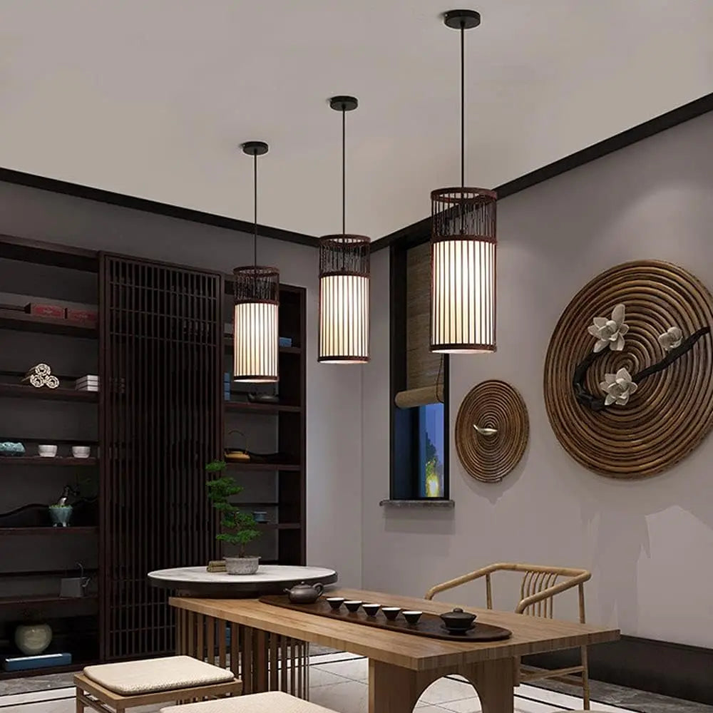 JOYINLED Hand Woven Bamboo Chandelier 18X42CM Chinese Style Bedroom Living Room Art Decor Hanging Lamp E27 Indoor Pendant Light