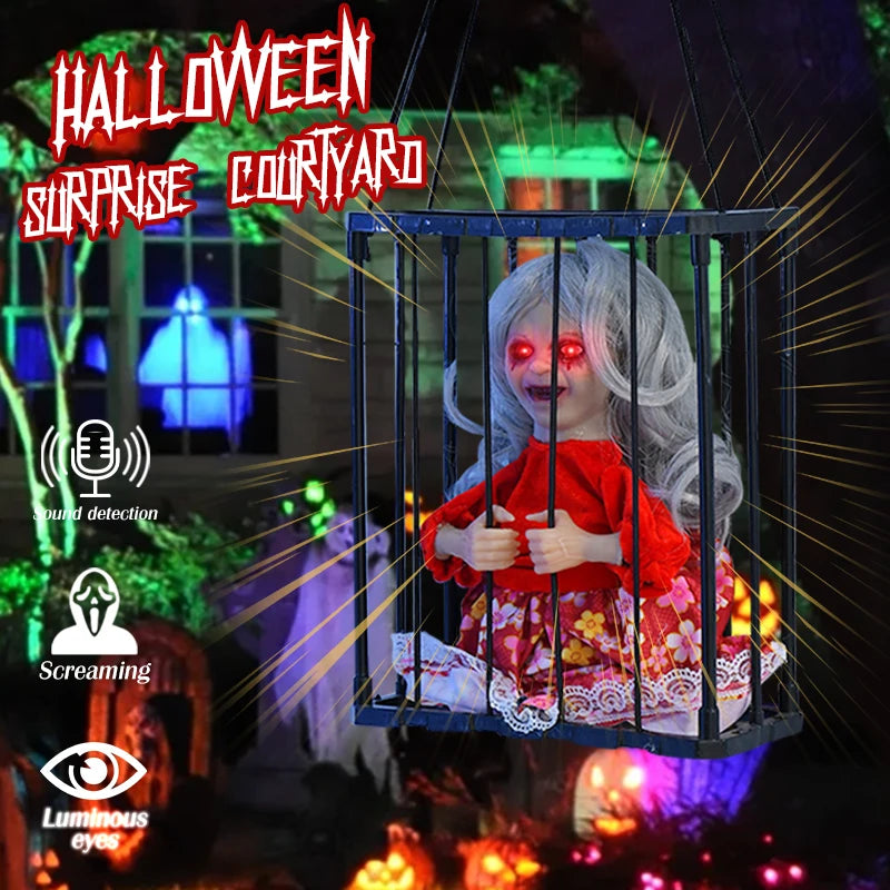 Scream Horror Halloween Skeleton Toys Halloween Decoration Props Terrifying Skeleton Cage Prisoner Haunted House Decorations