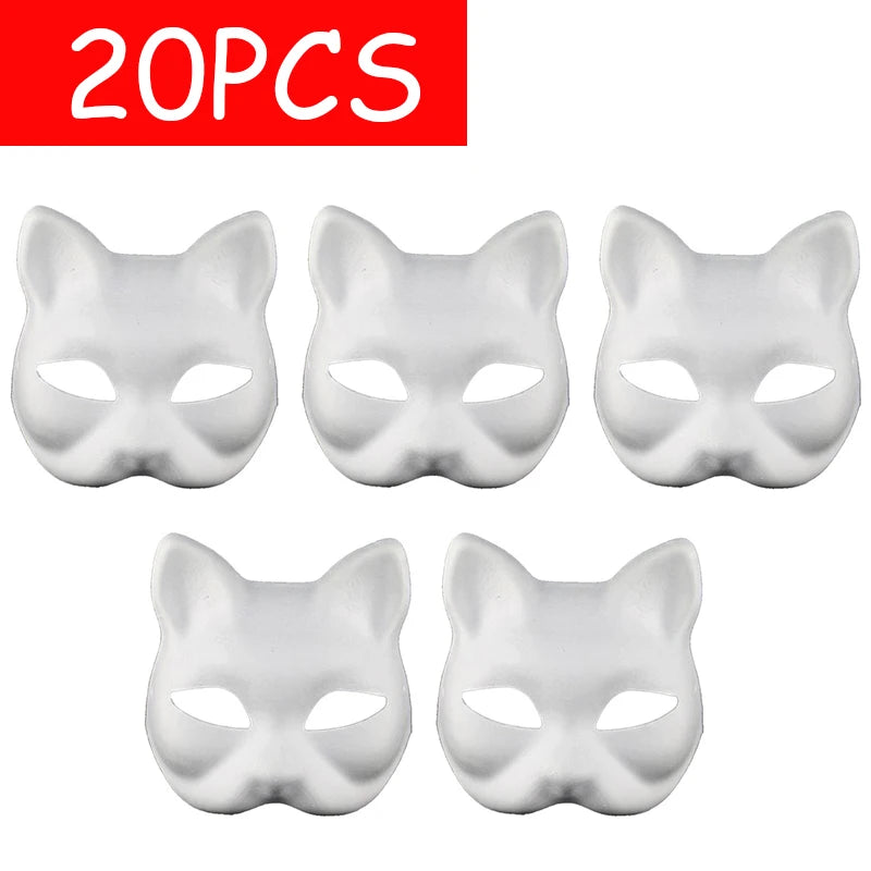 5/10/20/30/50PC White Halloween Paper Mache Masks Unpainted Therian Mask Cats Hand Painted Blank Paper Masks Cat Masks Fox Masks