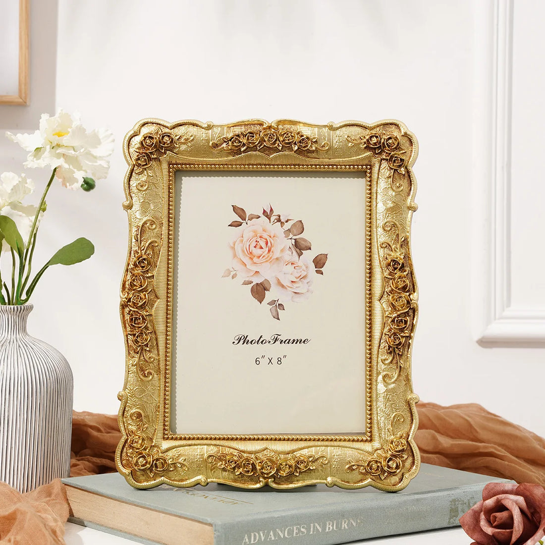 1PC, European-style rectangular golden rose relief decorative photo frame