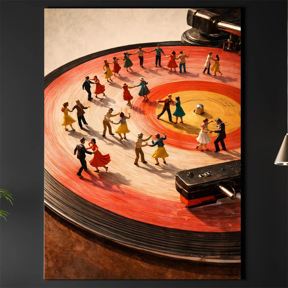 Vinyl Record Player Wall Decoration, Retro Turntable Paired with Mini Dancer Concept Music Posters, Abstract Art Canvas Painting