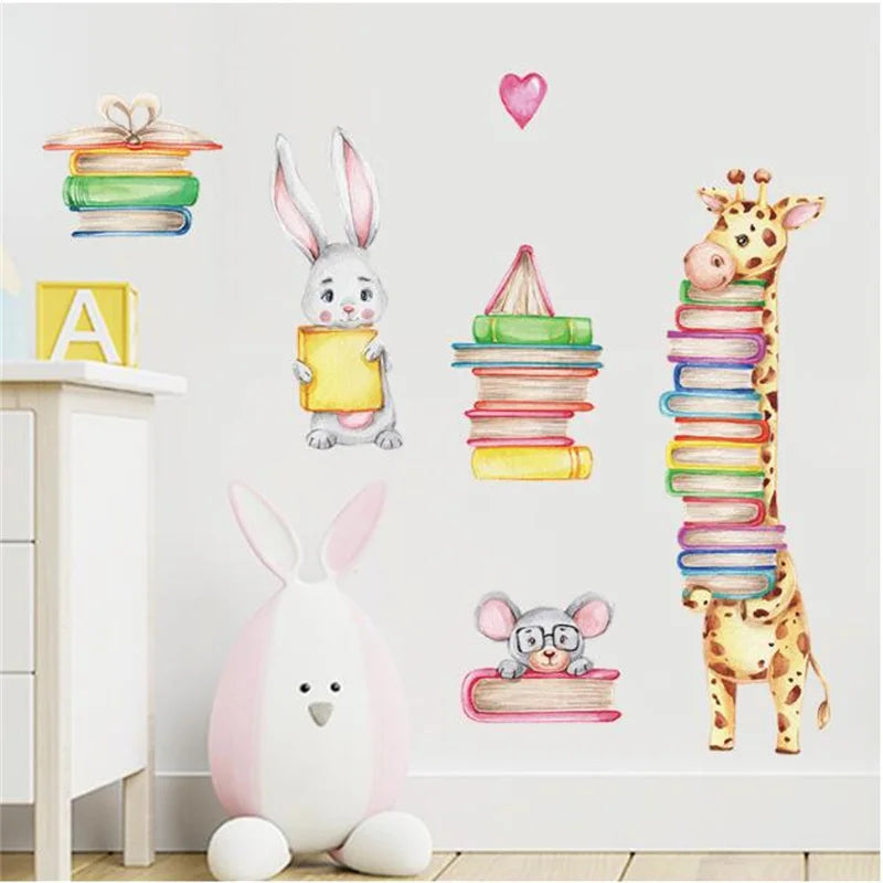 Giraffe Rabbit with Book Wall Stickers Nursery Decor Kids Reading Room Decoration Student Library Decal Classroom Mural Posters