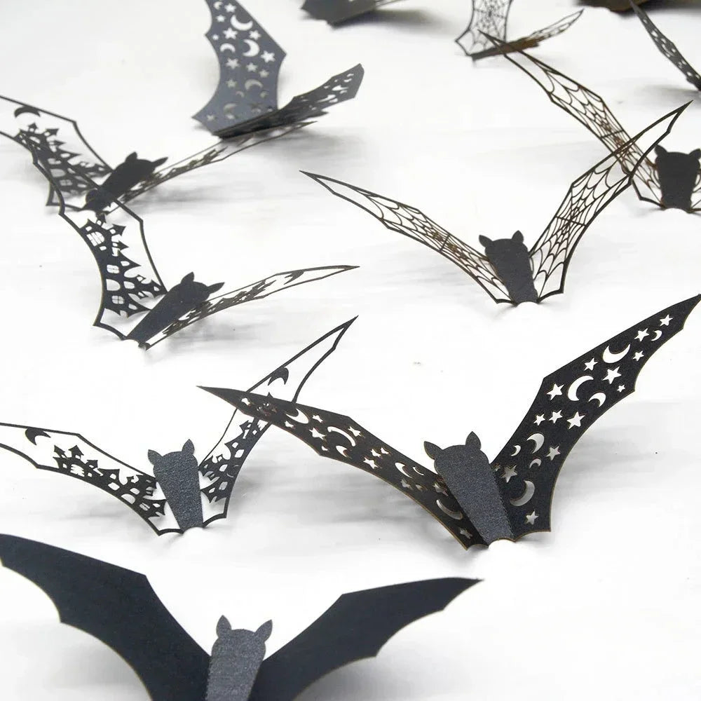 12pcs Halloween Decoration 3D Bat Wall Stickers Hollow Black Bat for DIY Halloween Party Horror House Scary Decal Decor