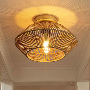 Chinese Modern LED Ceiling Light – Handwoven Rattan & Hemp Shade with Natural Fiber Craftsmanship for Living Rooms & Tea Spaces