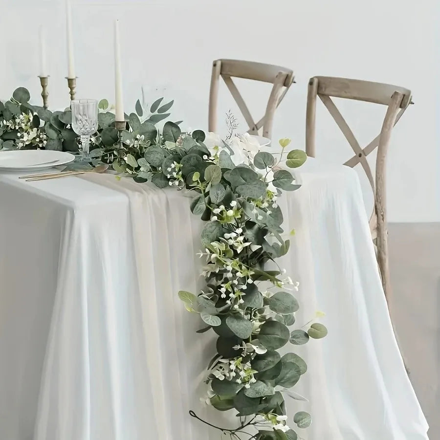 1Pc Artificial Eucalyptus Leaves Greenery Garland Faux Plant Spring Vines with White Flowers Berries for Wedding Home Party Decor