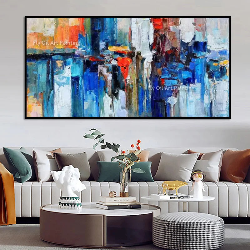 Original Blue Yellow And Red Oil Painting New Home Wall Items Abstract Hand Painted Blue Orange Canvas Artwork Decor For Living