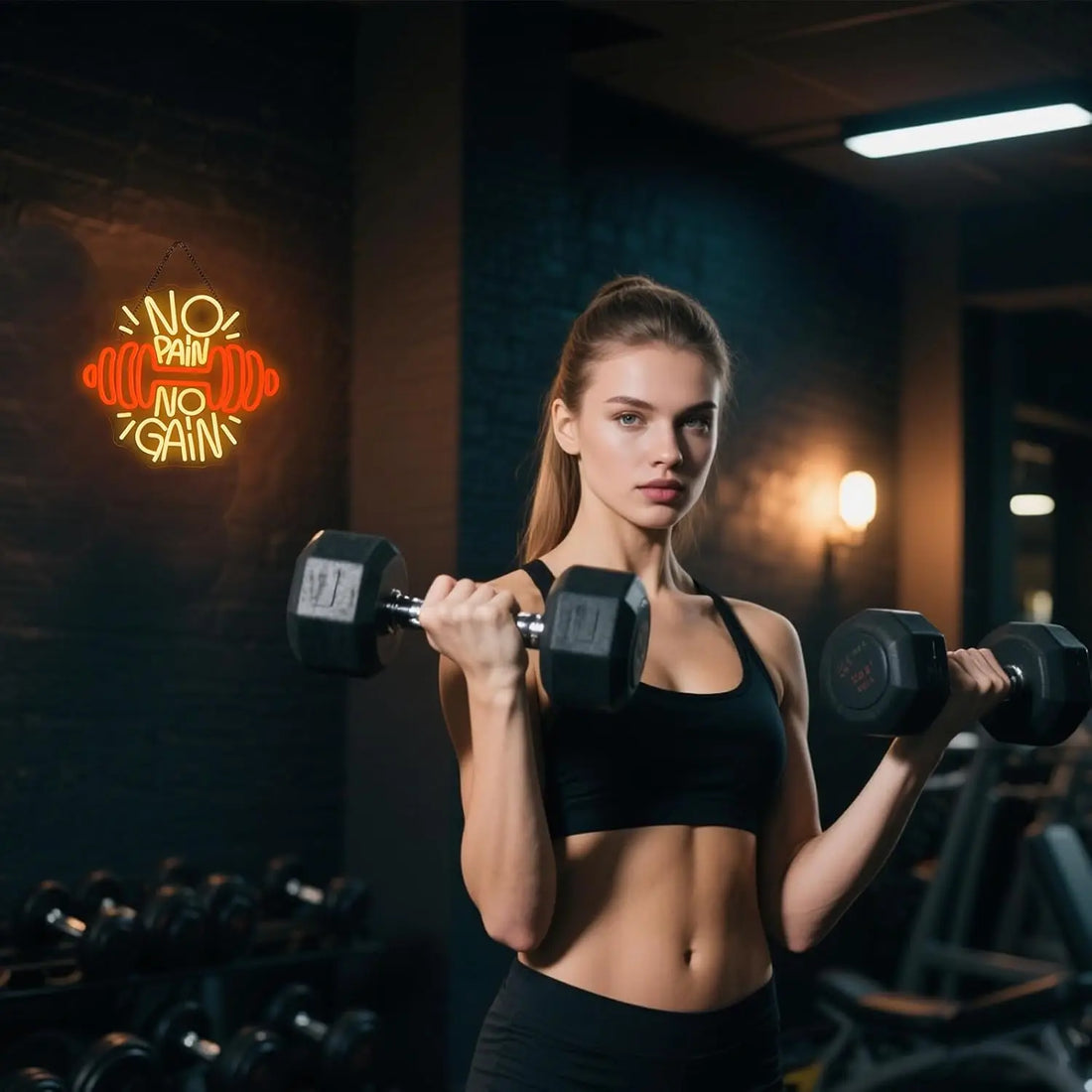 No Pain No Gain Gym Neon Sign LED Weightlifter Dumbbells Neon Light Dimmable for Wall Decor for Gym Muscle Fitness Club Decor